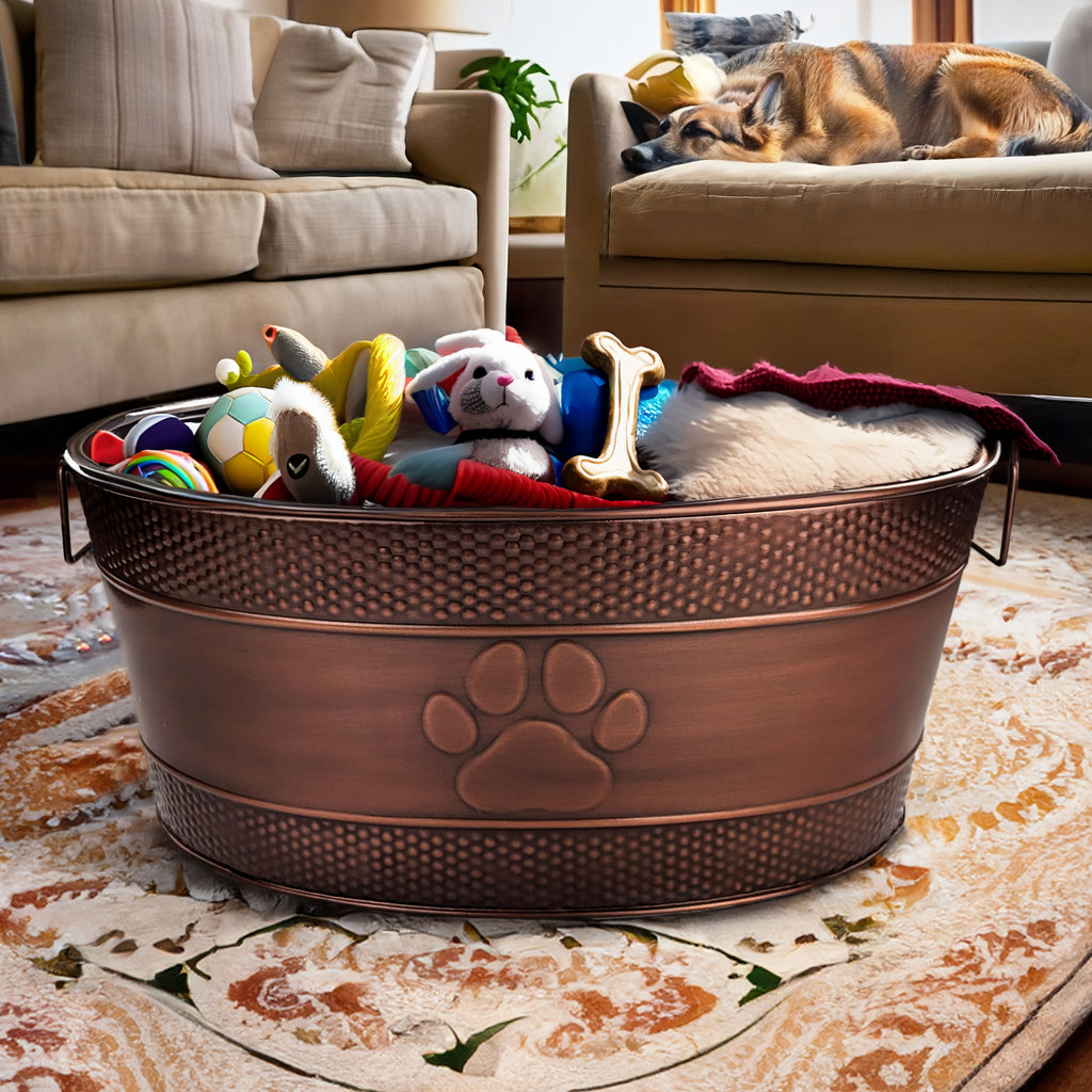 Large durable chew proof dog toy bin or storage basket.  Pawprint design in antique copper.