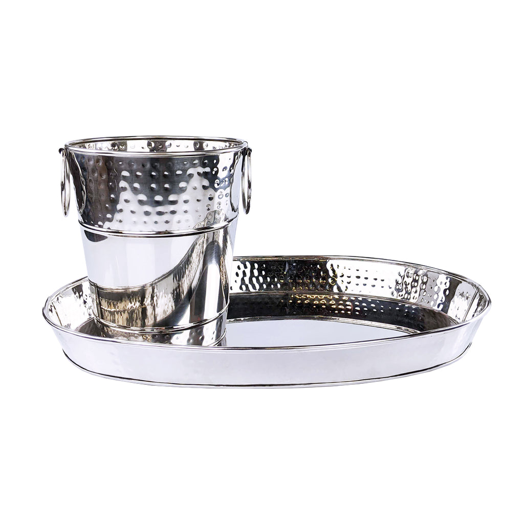 Champagne oyster bucket serves oysters with bottle of champagne.  Add ice to chill the champagne and the oysters.  For kitchen, bar, or patio.  Use in home or in a restaurant.