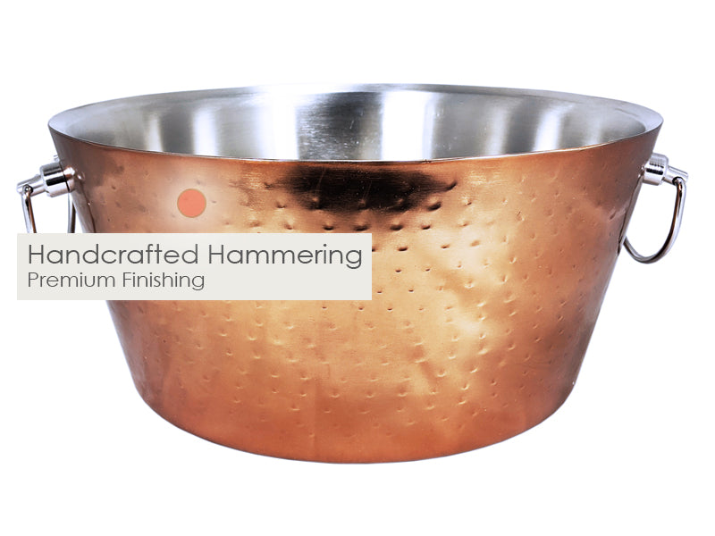 Metal party tub with double wall insulated construction.  Made of stainless steel with hammered exterior and rose copper high glossy finish.  Handcrafted uniqueness.