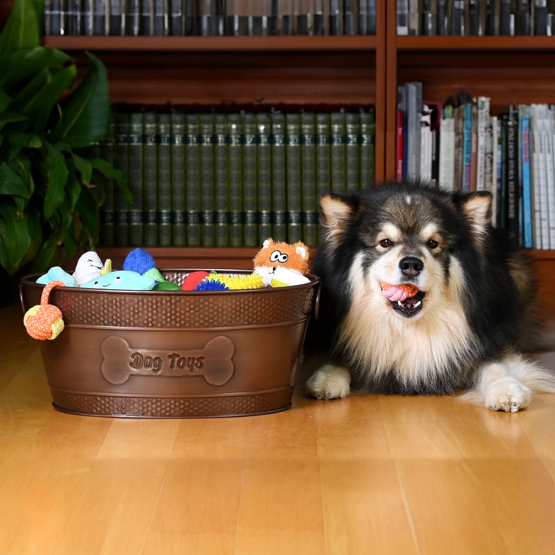 Dog Toy Bin Indestructible - Embossed "Dog Toys" Bone - Copper Oval Medium | BREKX