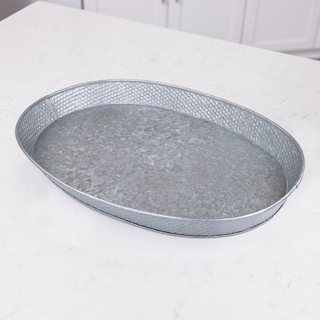 galvanized metal tray for serving food or drinks at a party in the kitchen, on the patio, or anywhere in the home.
