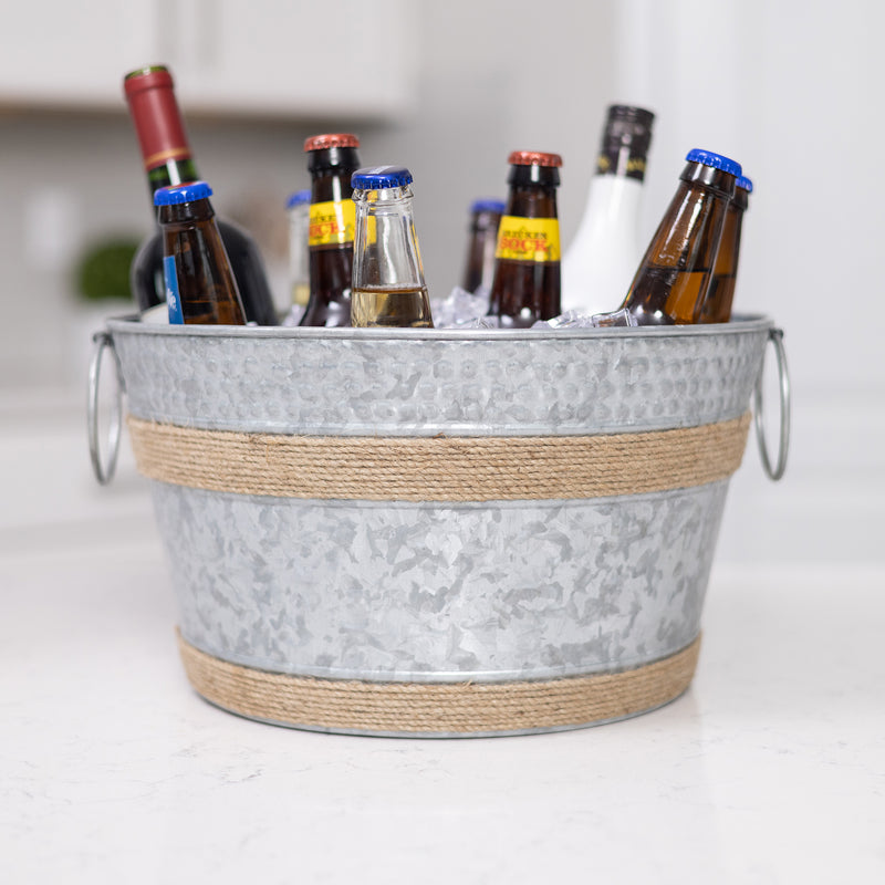 Farmhouse style metal gift basket for ice and drinks.  Use for gifting or use at a party to chill drinks and ice.