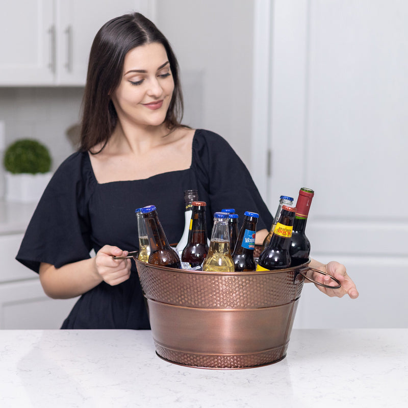 round copper drink bucket for wine, beer, soda, and ice.  convenient tabletop size for kitchen or bar.
