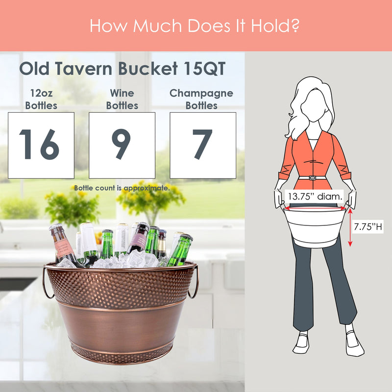 Drink bucket that holds 16 beer bottles, 9 wine bottles, or 7 champagne bottles for serving with friends at parties.