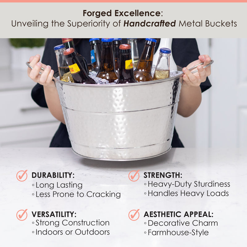 ice bucket for use on the bar made of durable stainless steel that is long lasting and heavy-duty.