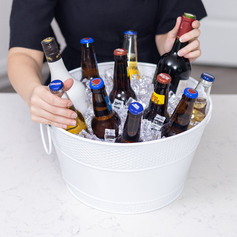 Party bucket with handles to keep drinks cold during parties.  Chill wine, beer, water for party guests celebrating a wedding, anniversary, or housewarming.