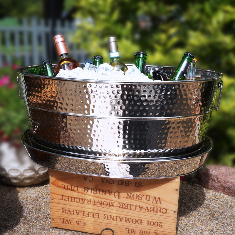 Aspen Metal Beverage Tub with Tray Hammered Stainless Steel | BREKX