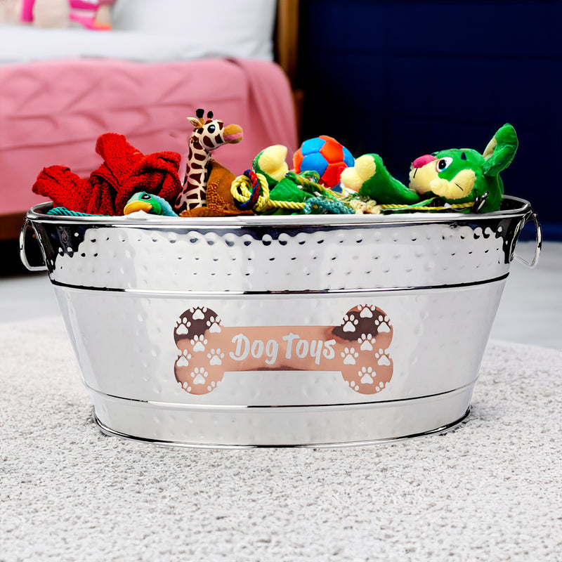 Dog Toy Bin Indestructible - Metallic "Dog Toys" Bone - Stainless Steel Medium | BREKX