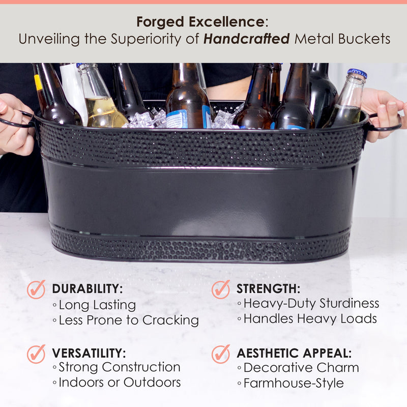 Beer bucket that is long lasting and made of metal which is less prone to cracking.  Enjoy heavy duty strength and strong construction for indoors or outdoors.