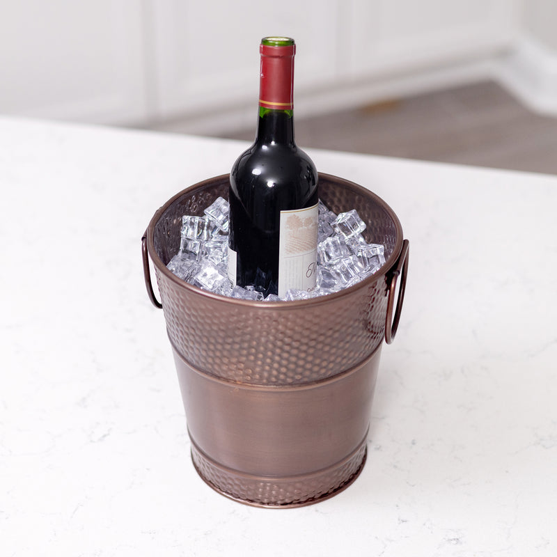 Drink bucket with hammered easy to clean glossy exterior.  Use to chill wine or champagne at parties.