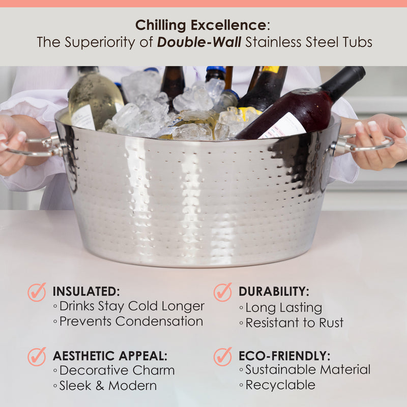 Large ice bucket with lid for parties.  This metal ice cooler is insulated, keeping ice and drinks colder longer.  Enjoy the long lasting durability of the premium stainless steel construction.