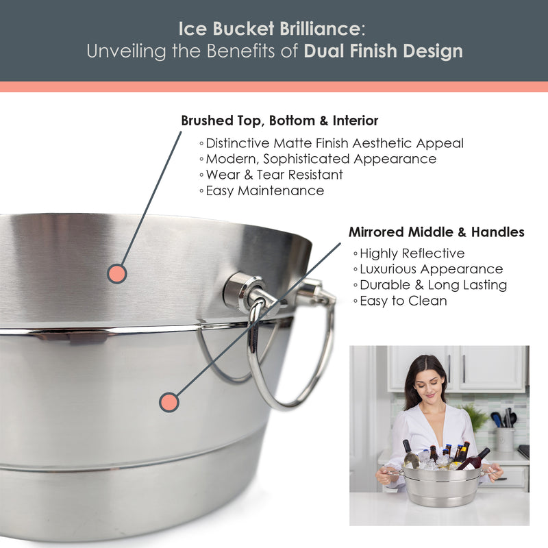 Insulated ice bucket with a dual brushed and mirrored stainless steel finish.  Enjoy the sophisticated appearance along with the durability and ease of cleaning.