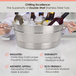 Insulated champagne bucket keeps drinks cold longer and is long lasting, rust resistant, and built of sustainable and food safe stainless steel.