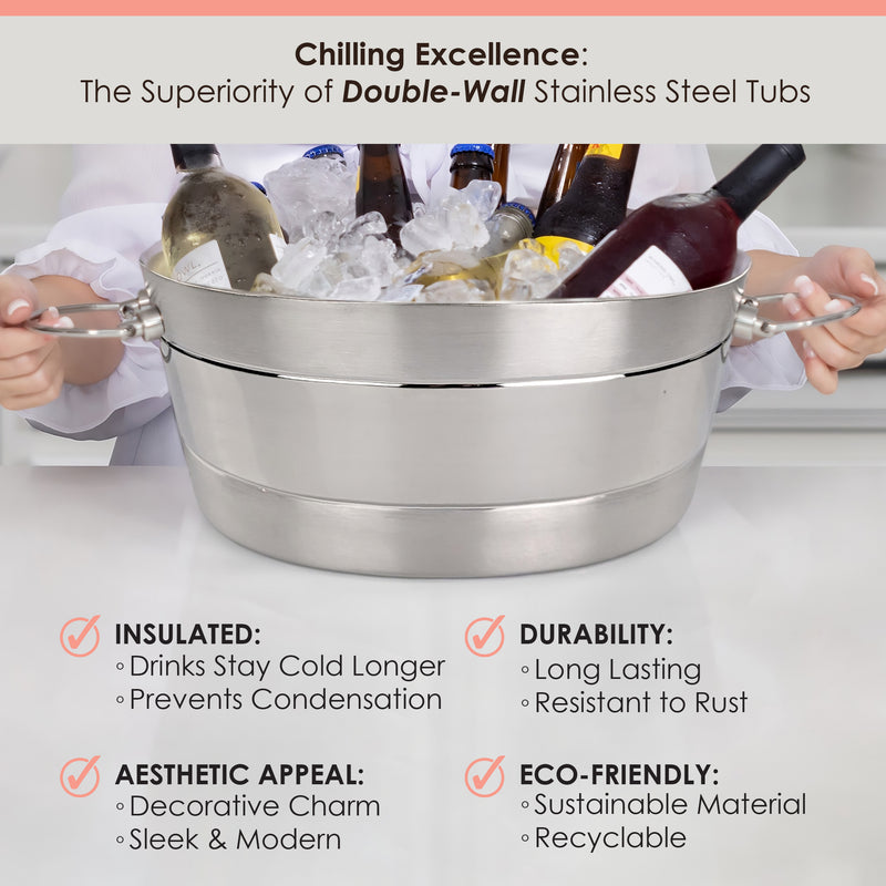 Drink chiller made of stainless steel that is 100% leak proof.  Keep drinks cold all night long for parties celebrating a wedding, birthday, anniversary, or holiday. Enjoy the long lasting durability of stainless steel while adding decorative charm to your home or patio.