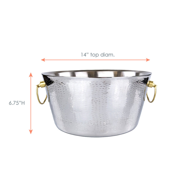 12 quart (3 gallon) party tub with round shape silver stainless steel with gold handles for parties when serving drinks and beverages to friends and family.