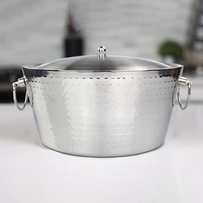 Large 3 Gallon ice bucket with lid for chilling ice at parties.   Made of food safe stainless steel with elegant high glossy hammered exterior and durable handles for easy transport indoors or outdoors.