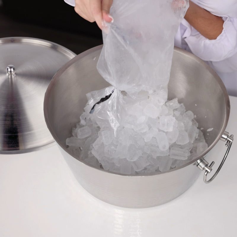Stainless steel ice buckets for parties with lid.  Metal tub to keep clean ice for cocktails.
