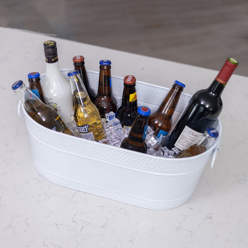 Party Bucket, Oval Shape, Metal Construction, White Color, Beverage Chiller, Ice Bucket, Drink Cooler, Ideal for Parties, Beer and Wine Chiller, Keeps Drinks Refreshingly Cold, Ice-Filled Refreshment Station, Essential Party Accessory.