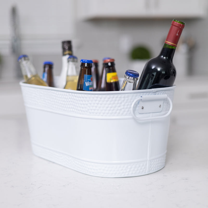 White oval metal cooler drink chiller with handles for easy and convenient transport at home or in venues.  Glossy easy to clean finish holds up to 16 bottles of beer with leak resistant seal.