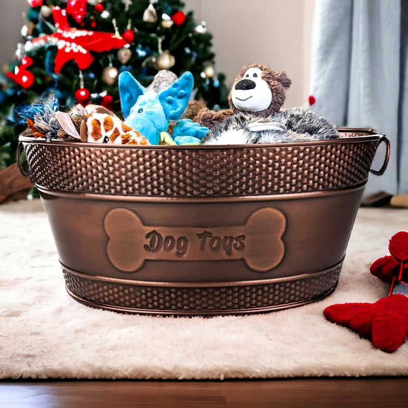 Puppy toy bin made of indestructible metal to hold pet toys in the home office or living room.  Copper rustic farmhouse style dog decor.