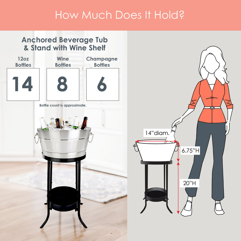 Ice tub that can be used as a beer bucket, wine chiller, or champagne bucket.  Holding multiple bottles.  This beverage tub with stand is a set with the stand freeing up valuable tabletop space.