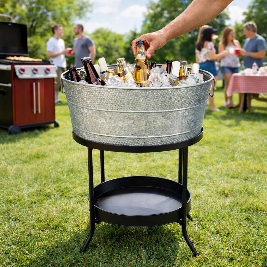 Galvanized beverage tub with stand used as elevated drink station for parties
