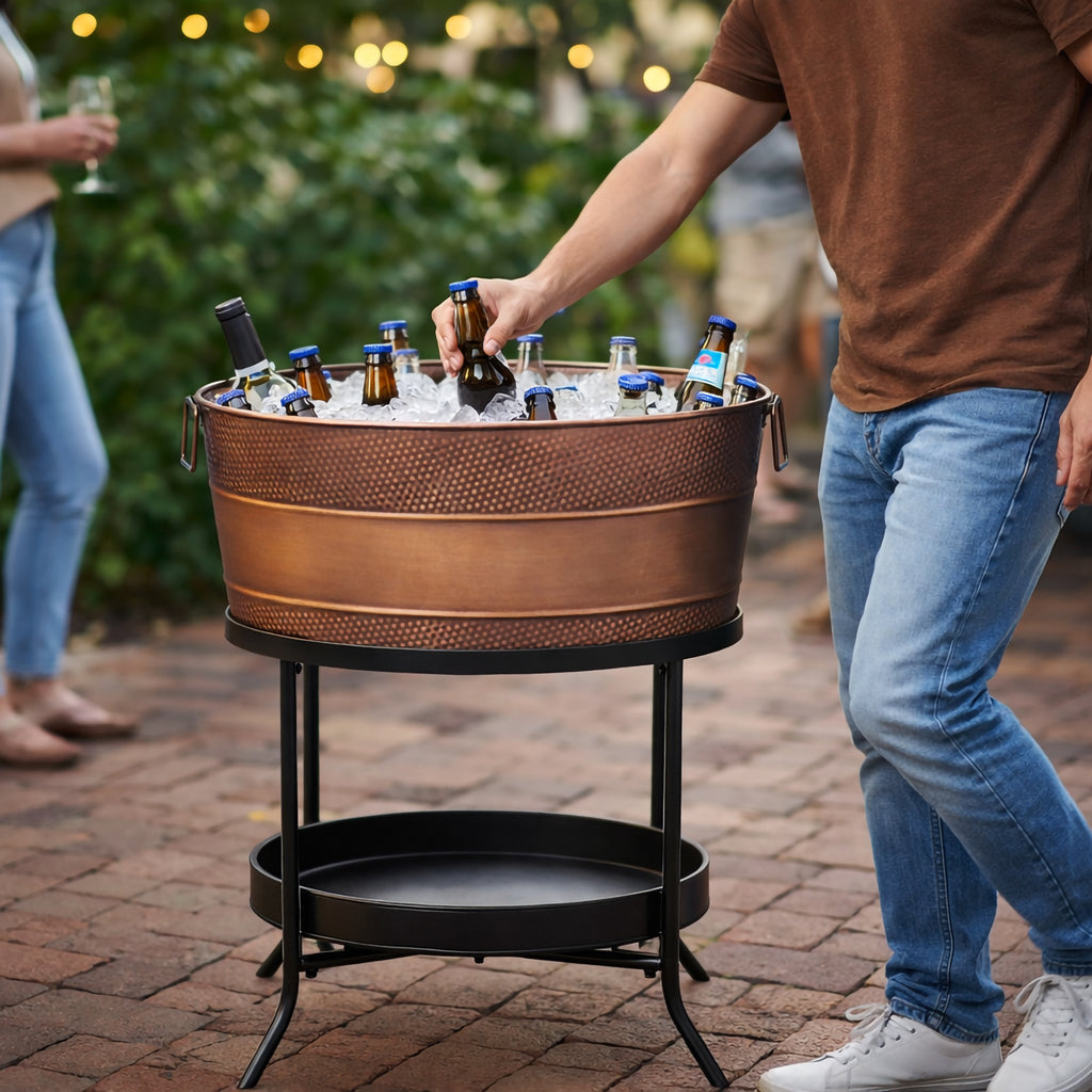Hammered antique copper beverage tub with stand holding bottled drinks and ice, 6-gallon galvanized steel drink cooler for parties