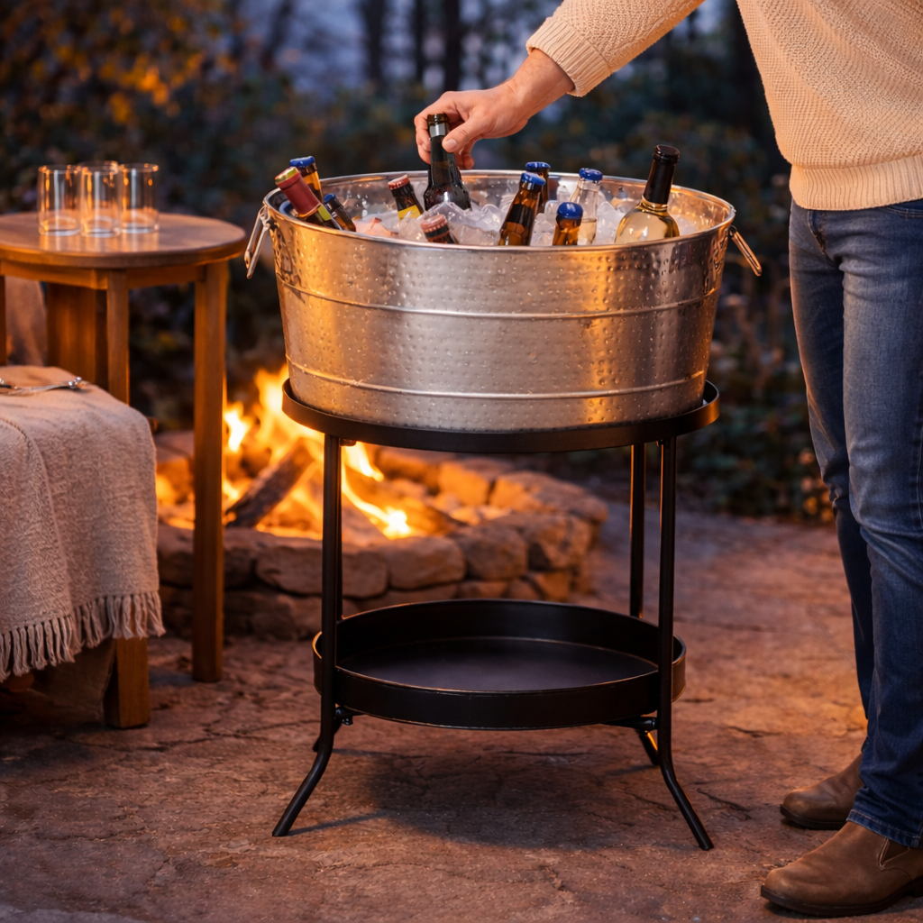 Metal ice bucket with bottles on a stand outdoors
