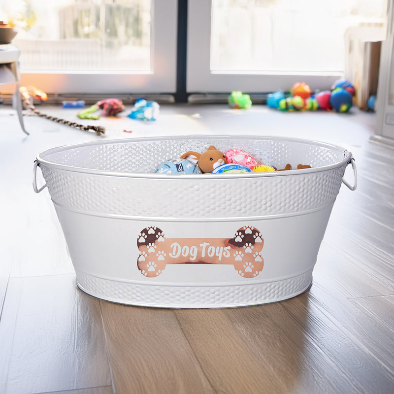 Dog Toy Bin Indestructible - Metallic "Dog Toys" Bone - White Medium | BREKX
