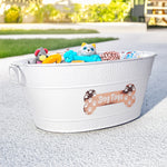 Dog Toy Bin Indestructible - Metallic "Dog Toys" Bone - White Medium | BREKX