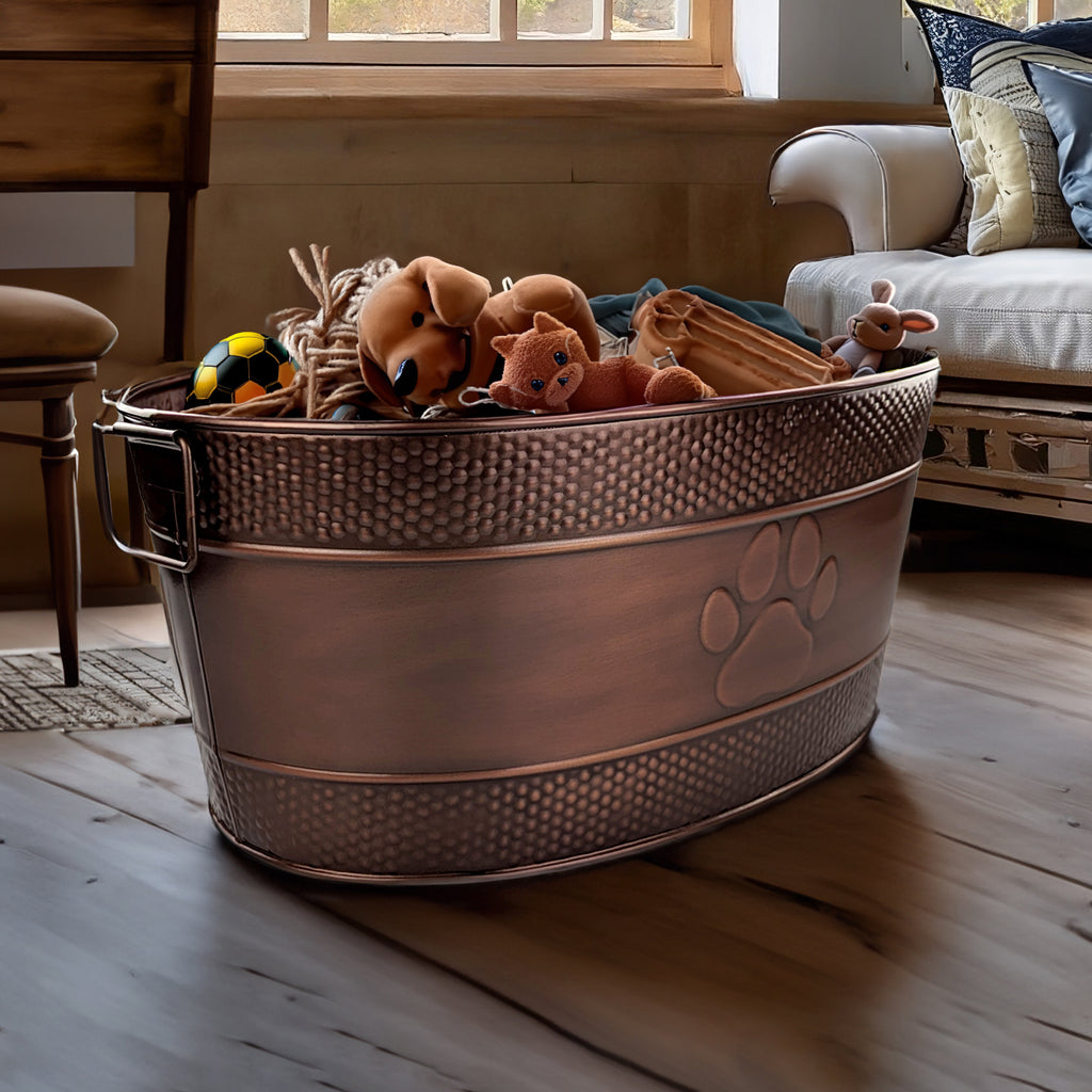 Metal dog toy box for dog toys, leashes, for living room, bedroom or office.  Includes large size.