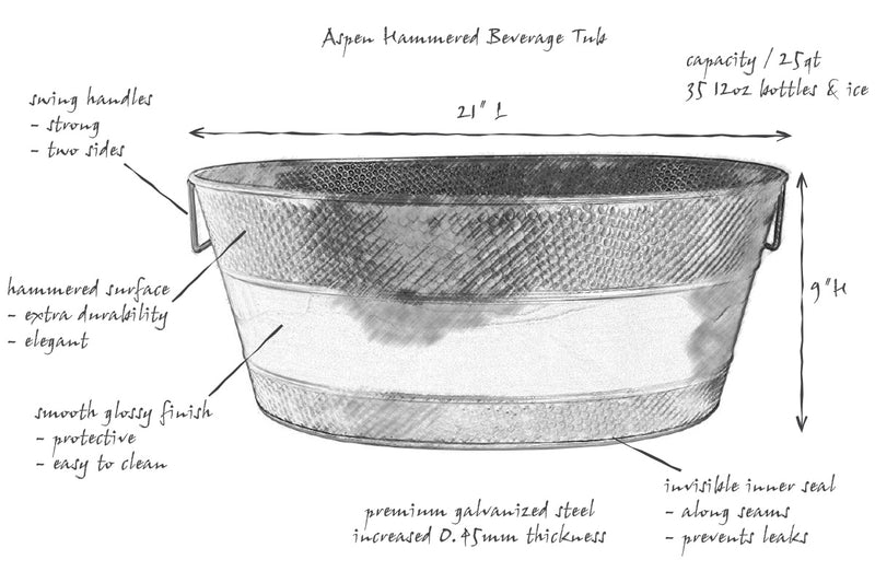 Beverage tub made of premium galvanized metal with large 6 gallon capacity to hold drinks and ice for an event or party.  Great for use in the kitchen or on the patio.  