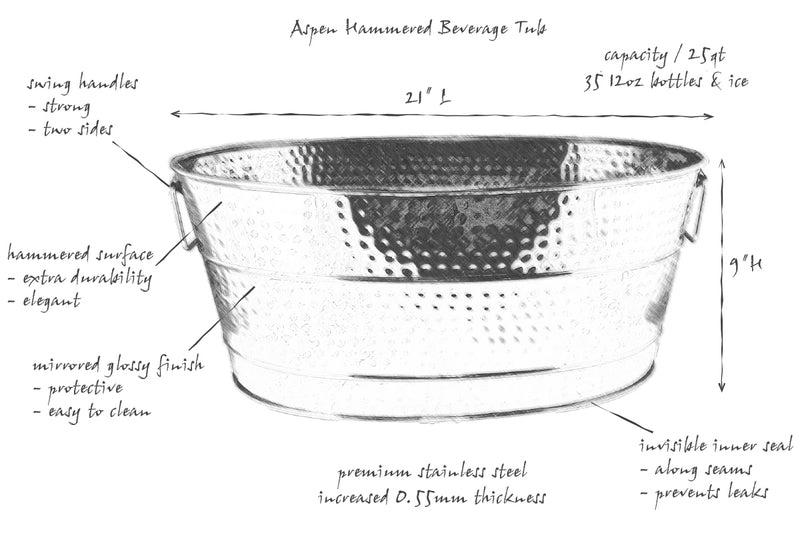 Beverage tub made of premium stainless steel with a durable hammered exterior and a large 6 gallon size.  Chills wine, champagne, beer, or other favorite drinks for your next wedding, anniversary, birthday, or holiday party.