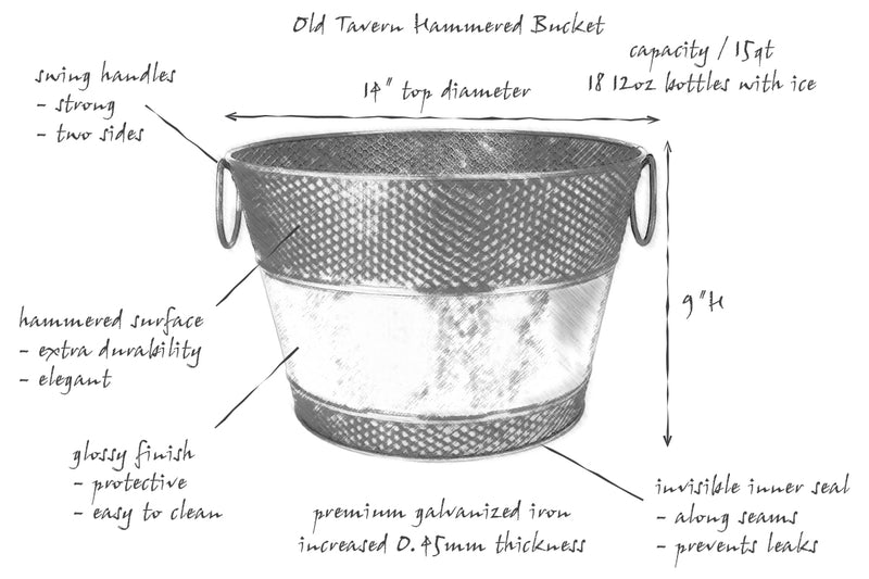 Beverage bucket crafted of premium galvanized metal, designed to hold all of your drinks with a 4 gallon size for wine, beer, drinks of choice plus ice.  Excellent for kitchen, bar, or patio use.  Includes sealed seams to prevent leaking and high glossy finish to ensure long lasting rust proof durability.