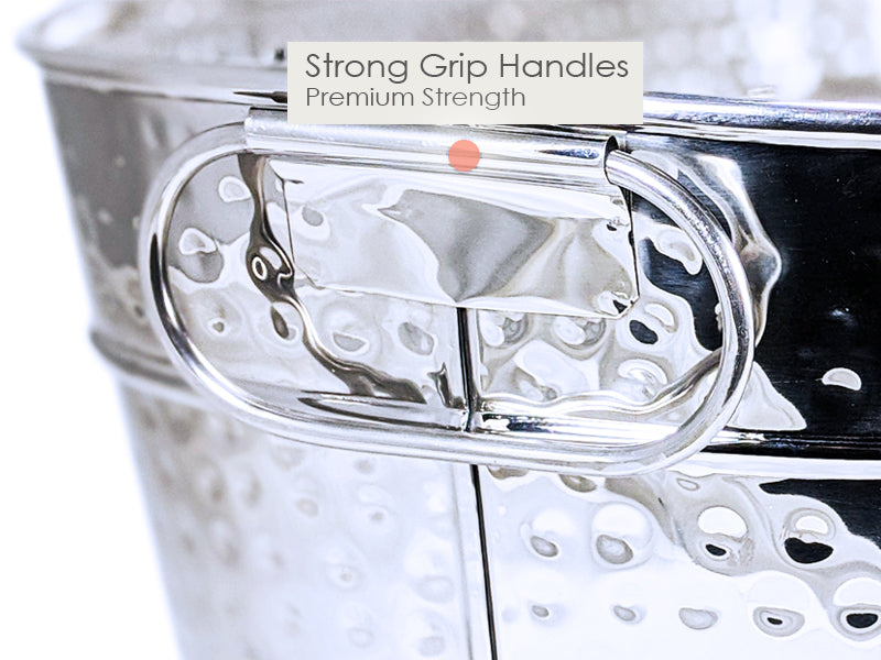 Drink bucket made of durable stainless steel.  Includes convenient side handles on each end for easy carrying inside or outside.  Holds all favorite wine, beer, drinks and ice.