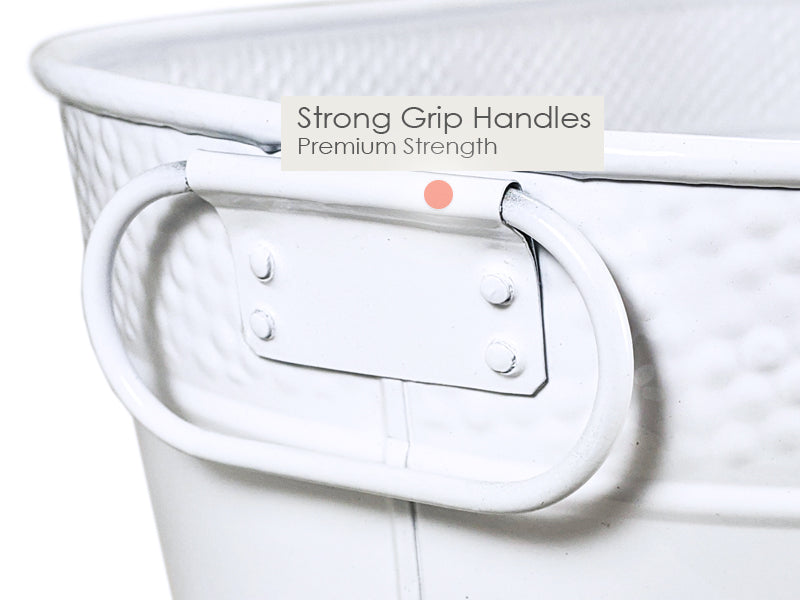 Beverage bucket with strong grip side handles.  Strong enough to carry the weight of all of your favorite drinks plus the ice to chill them.