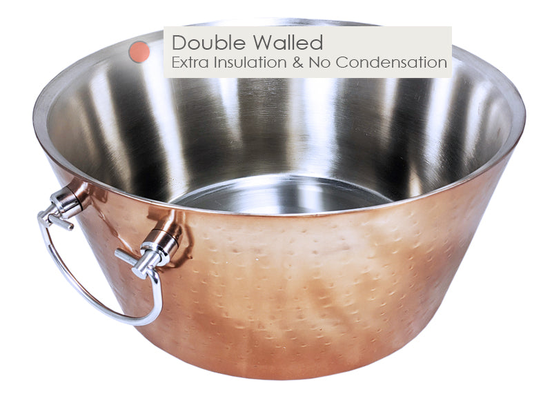 Metal ice bucket includes double wall for extra insulation, no leaking, and no condensation.