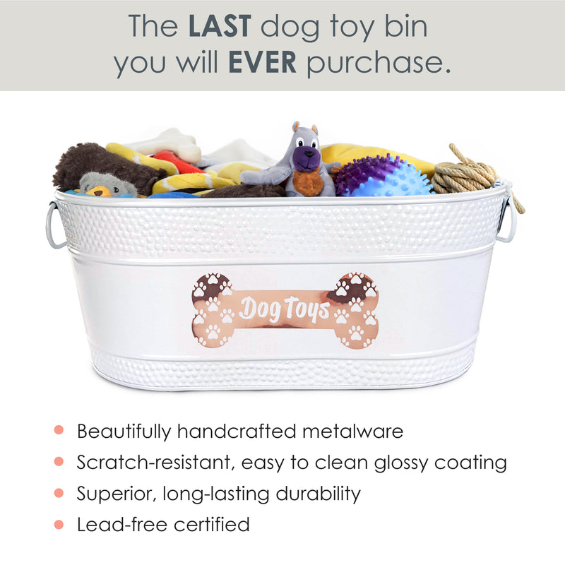 Dog Toy Bin Indestructible - Metallic "Dog Toys" Bone - White Medium | BREKX