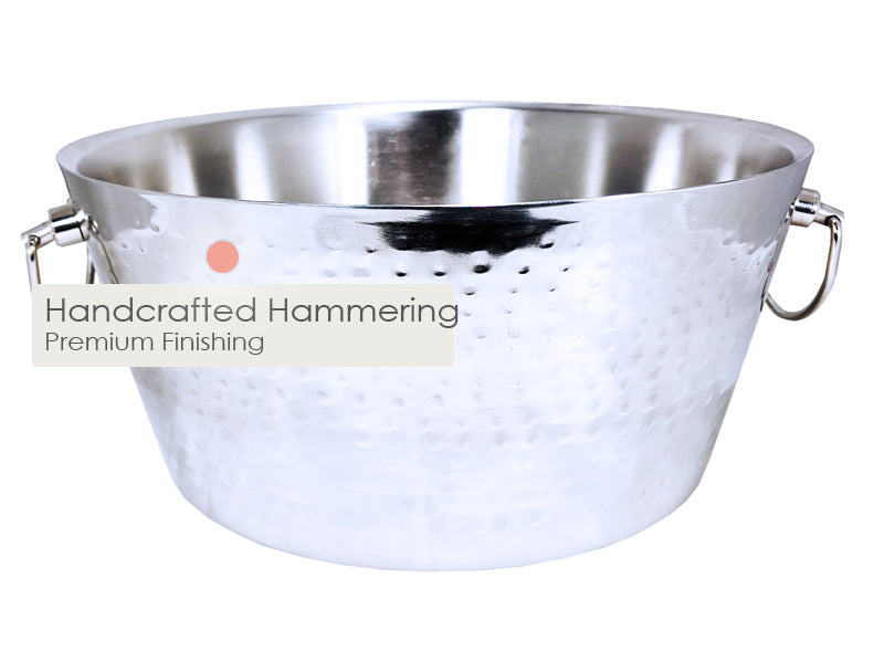 Metal beverage tub with handcrafted hammered exterior and high glossy finish. 
