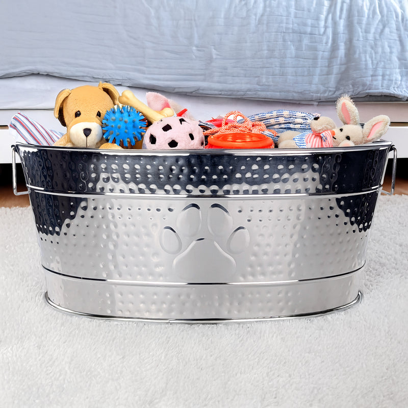 Dog Toy Bin Indestructible - Embossed Paw Print - Stainless Steel Large | BREKX