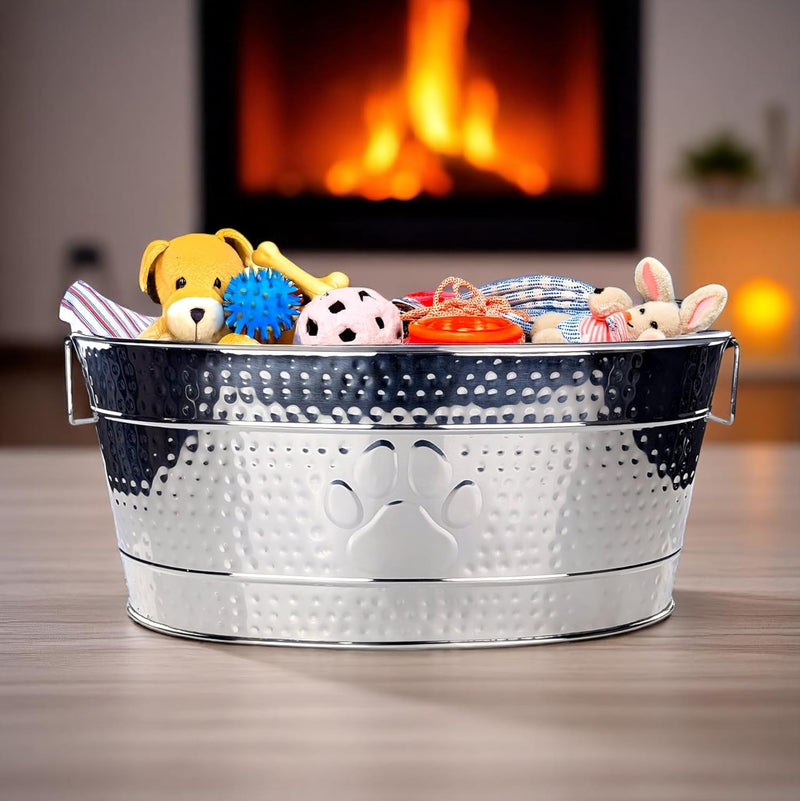 Play & Dine Gift Set - Premium Dog Bowls with No Slip Mat + Set of 3 Dog Toys & Large Steel Dog Toy Bin | BREKX
