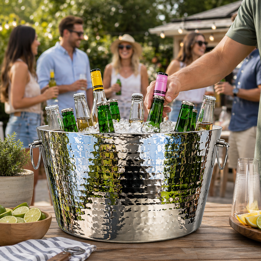 X-large, 6.25 gallon beverage tub for chilling beer, wine, or champagne, outside on a patio table.