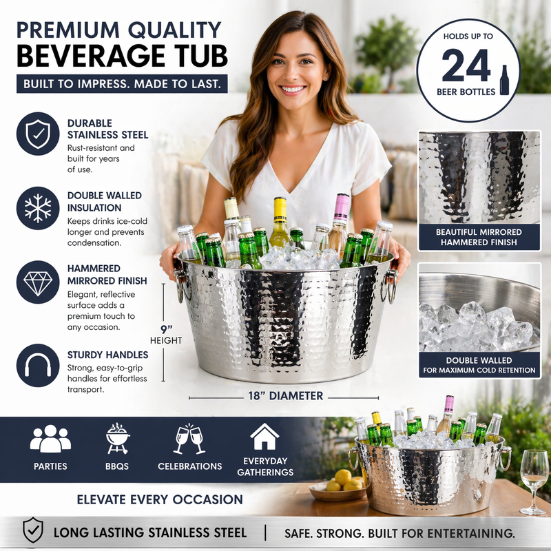 Large 6-Gallon Double Wall Stainless Steel Insulated Beverage Tub For Parties - Holds 24 Beer Bottles