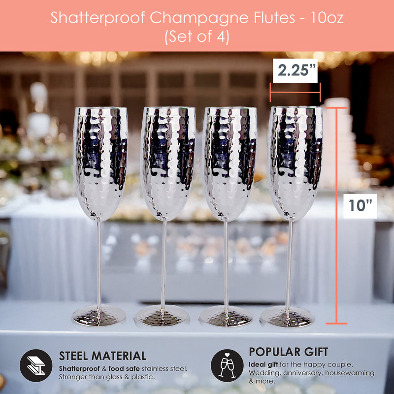 Shatterproof Champagne Flutes Set of 4 Hammered Stainless Steel | BREKX