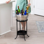 3 Gallon metal drink bucket that is insulated and 100% leak proof.  This drink bucket comes with a stand that includes a lower shelf to hold other bottles or barware accessories.