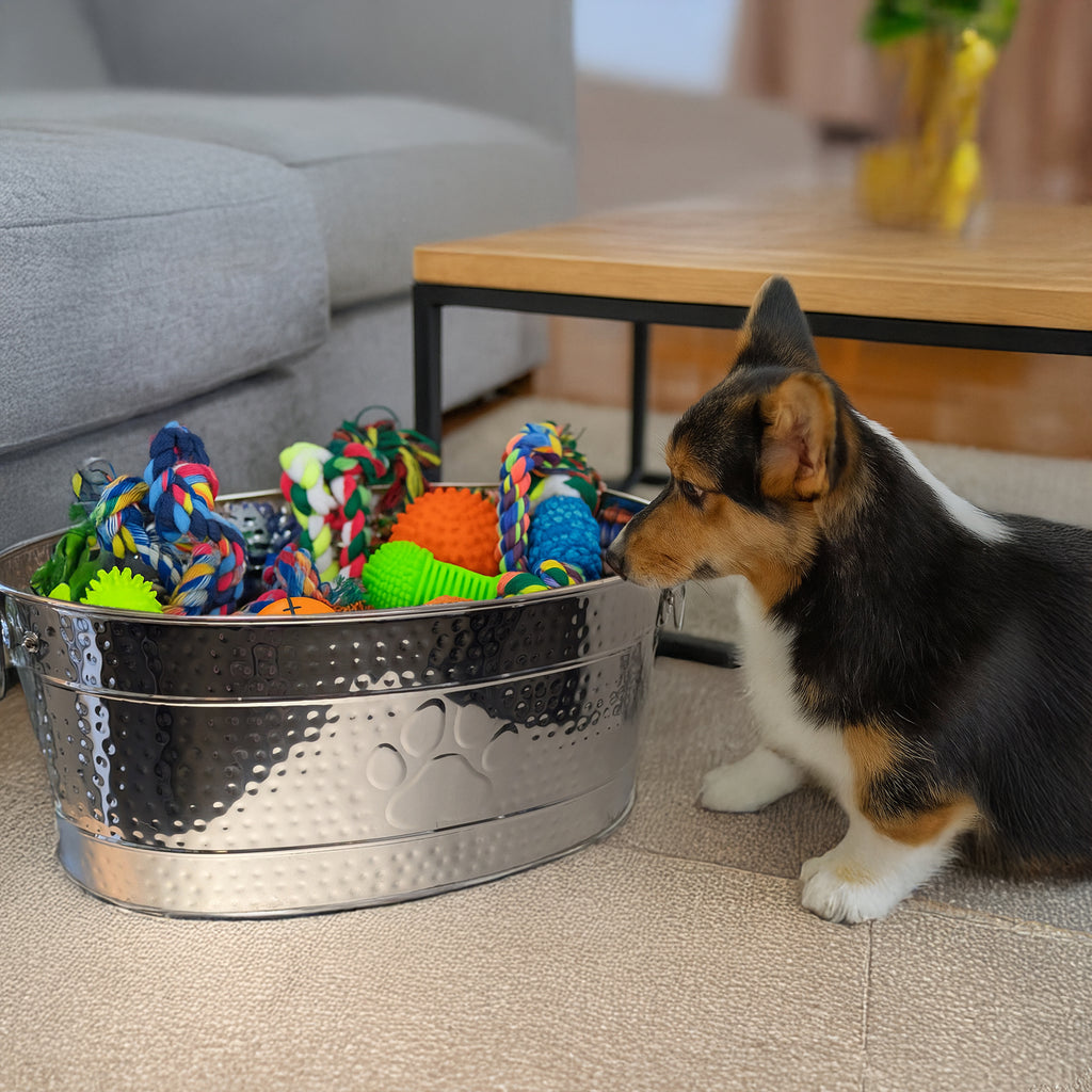 Dog Toy Bin Indestructible - Embossed Paw Print - Stainless Steel Large | BREKX