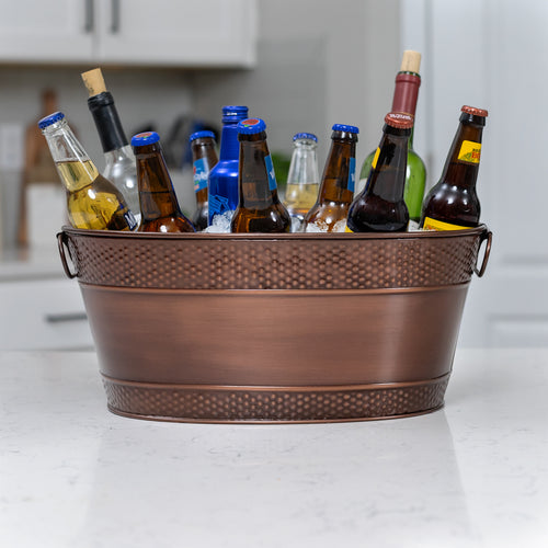 Copper finish galvanized bucket for parties in oval shape with 16 bottle capacity.