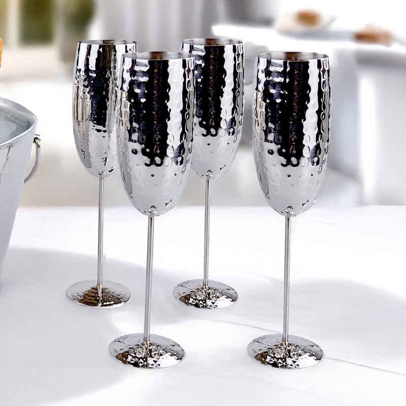 Shatterproof Champagne Flutes Set of 4 Hammered Stainless Steel | BREKX
