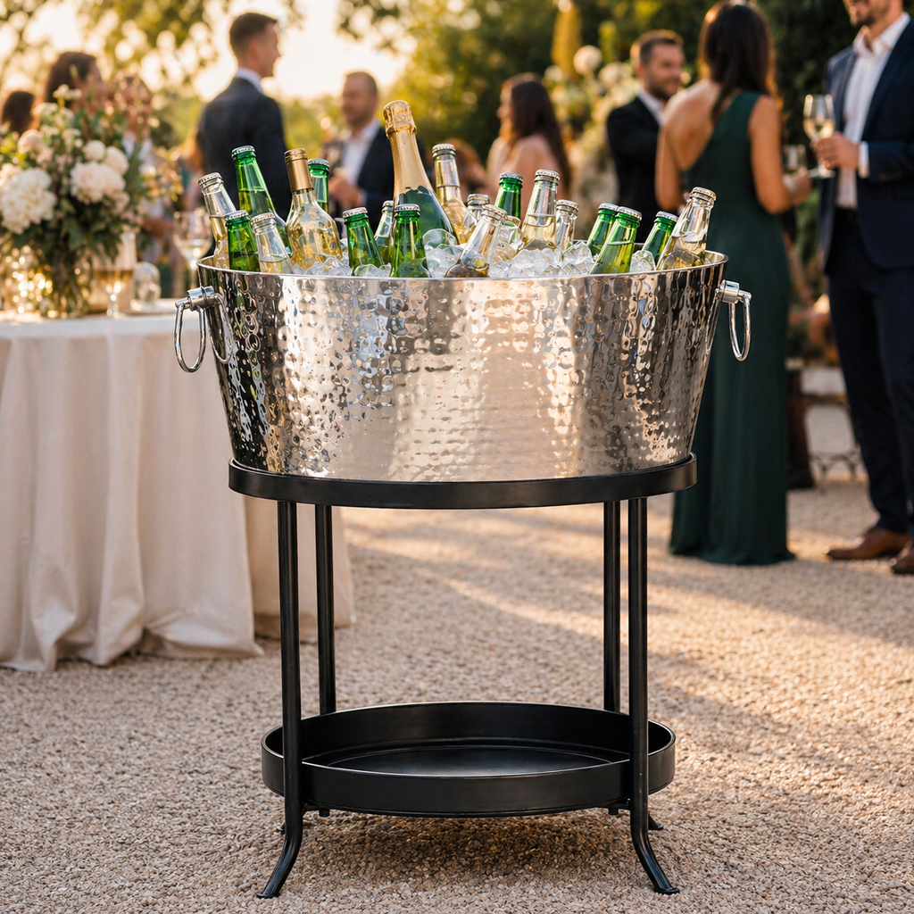 large beverage tub with stand at outdoor event keeping drinks chilled for guests