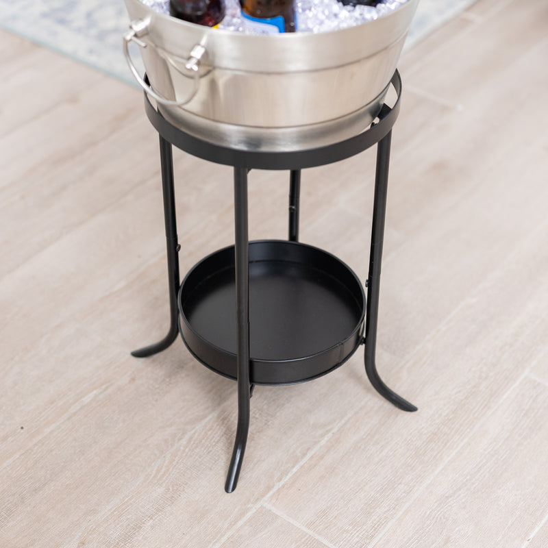 Wine cooler with stand that includes a lower shelf for wine or barware storage.
